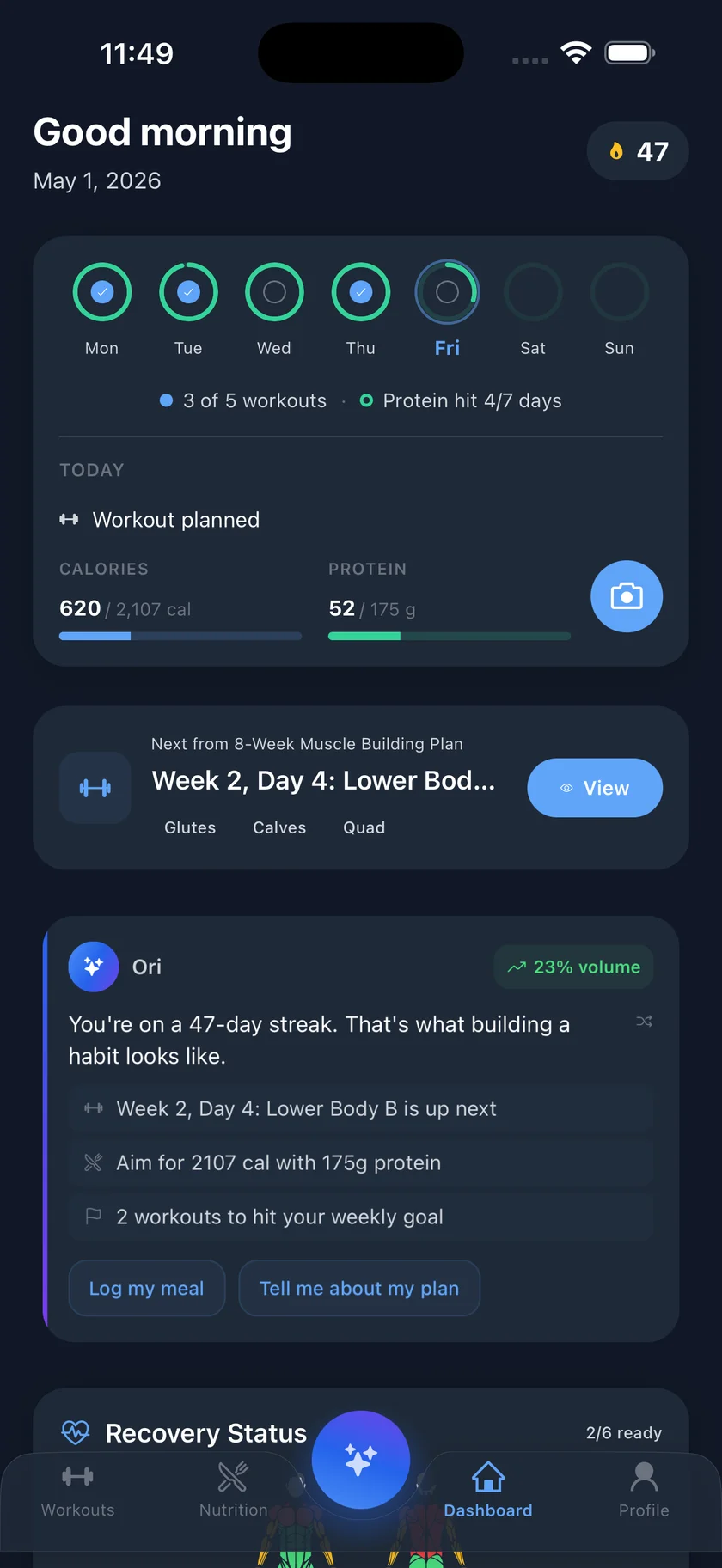 OneFit AI dashboard connecting workouts, nutrition, and Ori coaching
