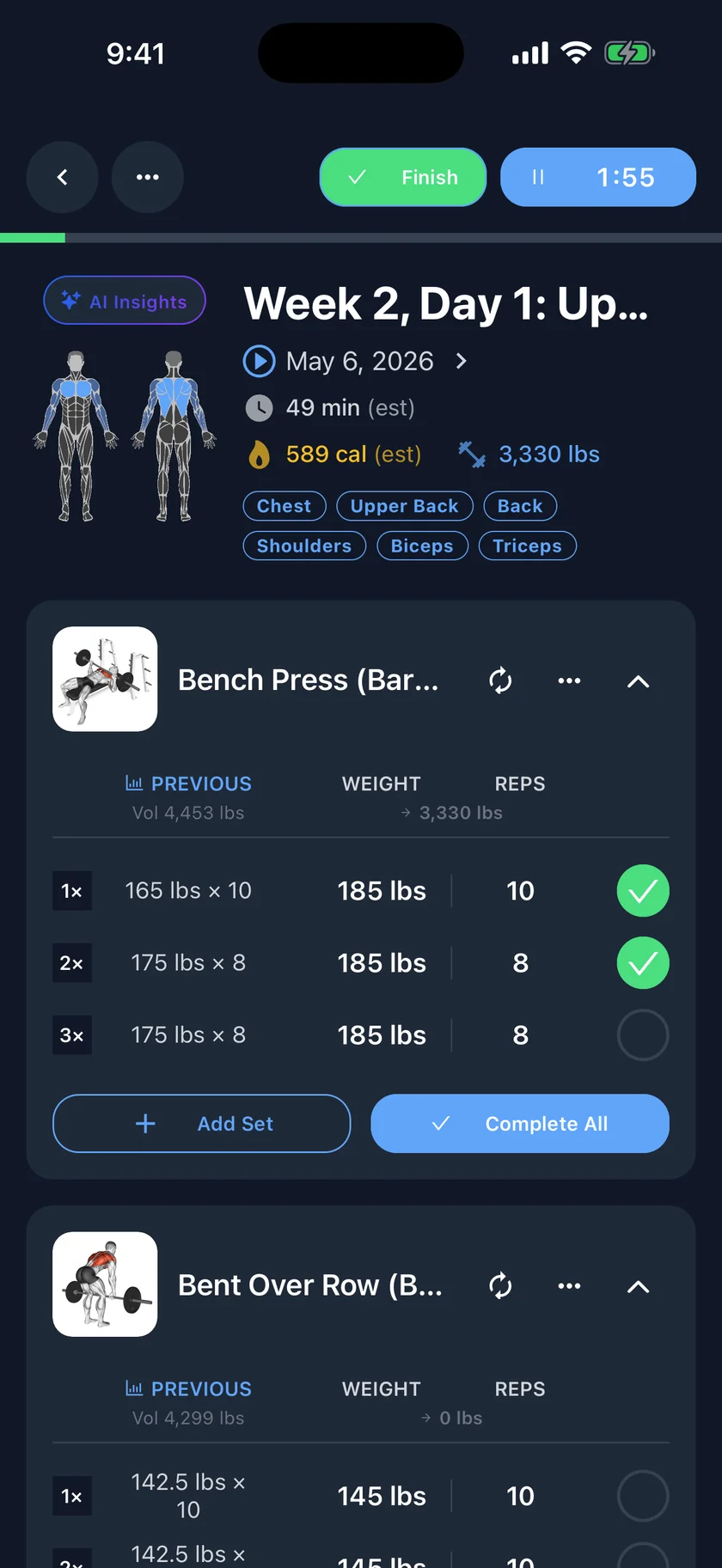 OneFit AI active workout with sets, reps, and weight tracking