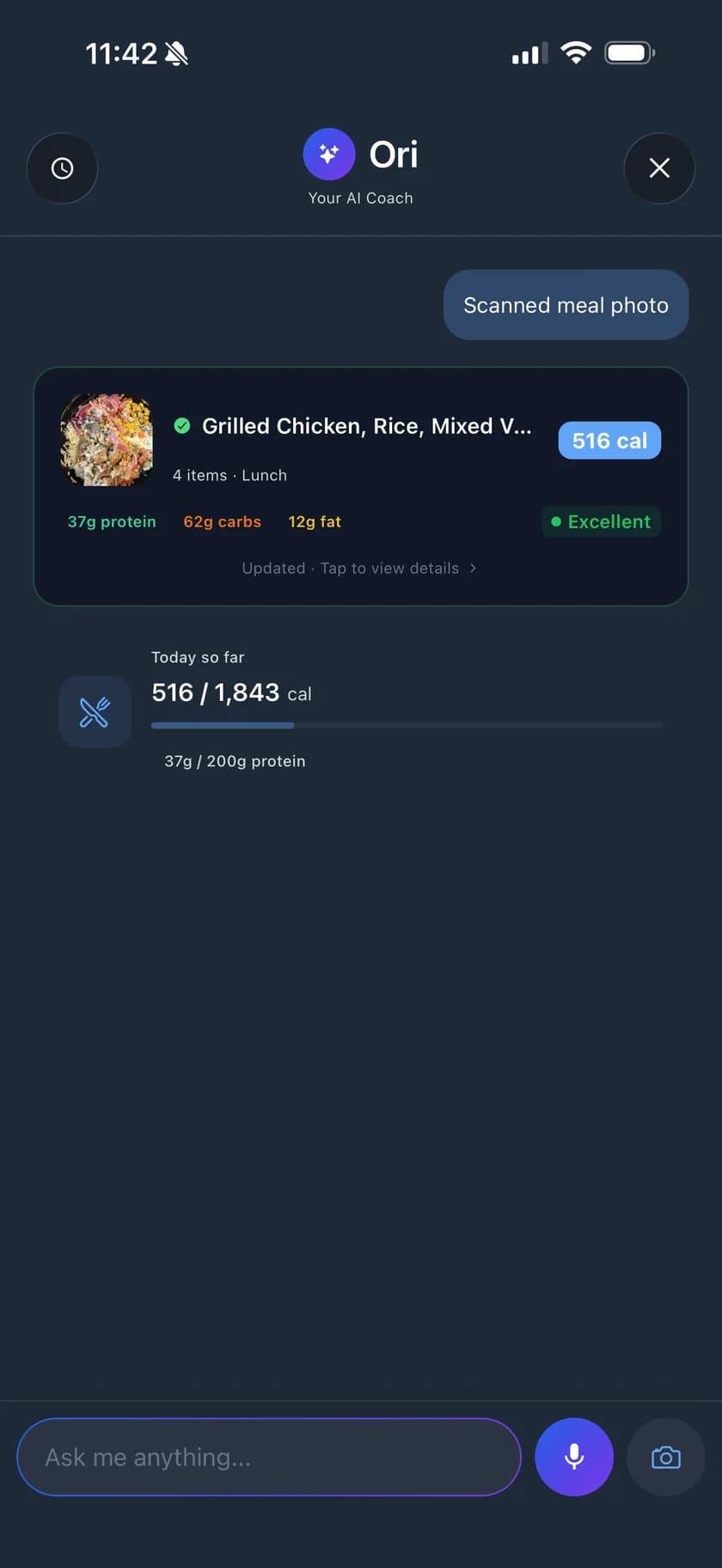 Ori meal scan showing nutrition, food Health Score, and daily calorie and protein progress
