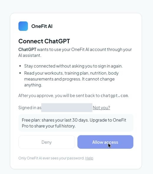 The OneFit AI page titled Connect ChatGPT, with a free plan note and the Allow access button