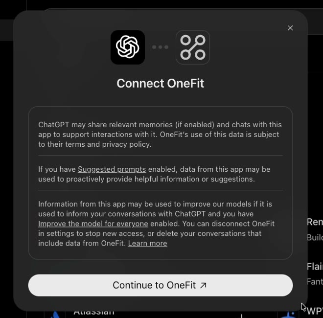 ChatGPT's Connect OneFit dialog explaining what ChatGPT may share, with a Continue to OneFit button