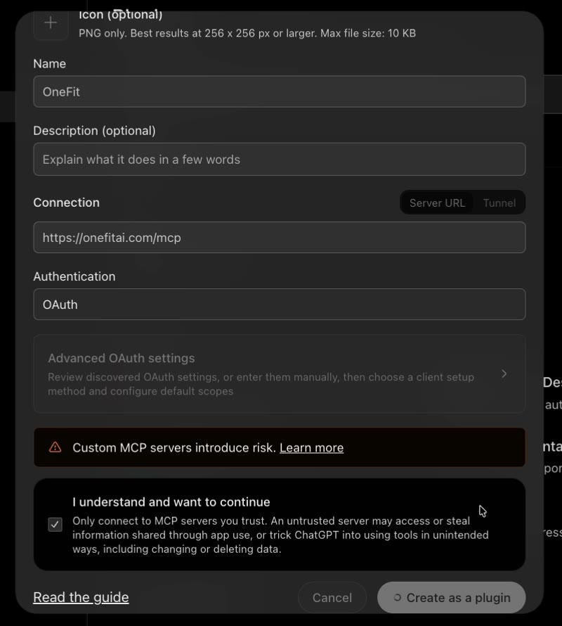 ChatGPT's Add custom MCP server form with the name OneFit, the URL https://onefitai.com/mcp, OAuth authentication and the risk acknowledgement ticked
