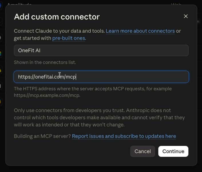 Claude's Add custom connector dialog with the name OneFit AI and the URL https://onefitai.com/mcp filled in