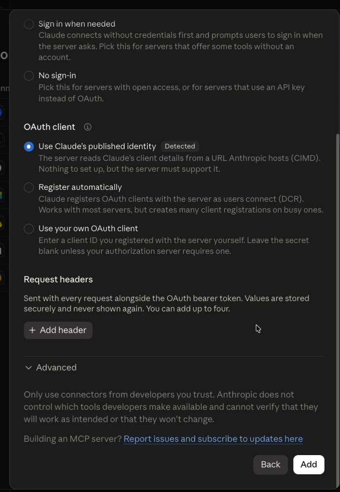 Claude's authentication options for the connector, with Use Claude's published identity detected and selected, and the Add button