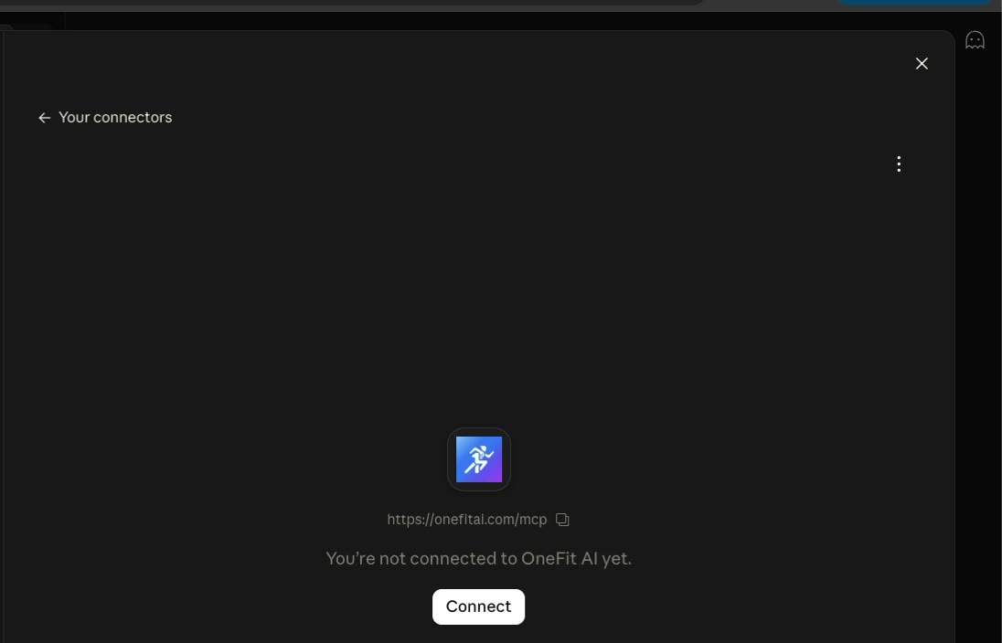 The OneFit AI connector page in Claude saying You're not connected to OneFit AI yet, with a Connect button