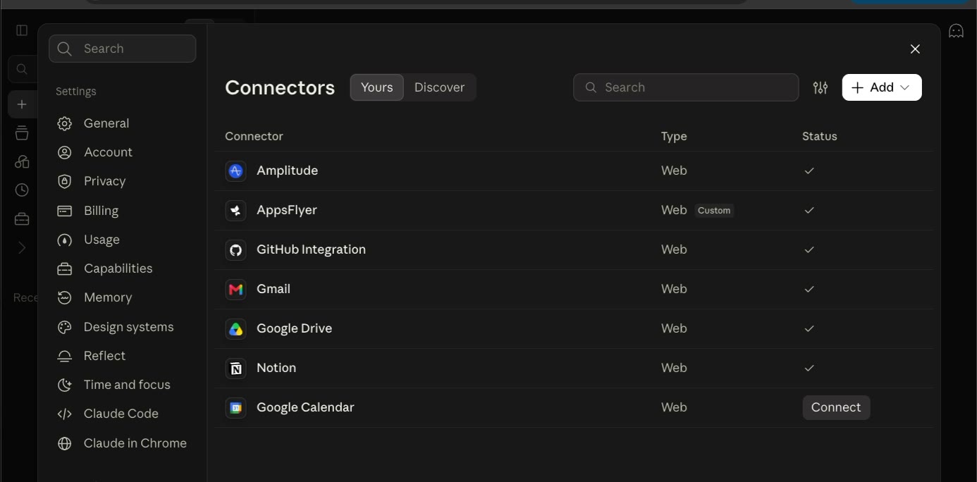 Claude Settings open on the Connectors page, listing connected apps with an Add button at the top right