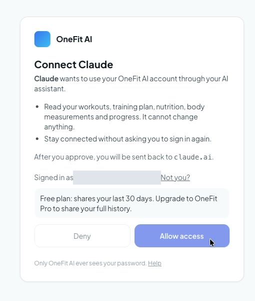 The OneFit AI page titled Connect Claude, listing what Claude can read, a free plan note and the Allow access button