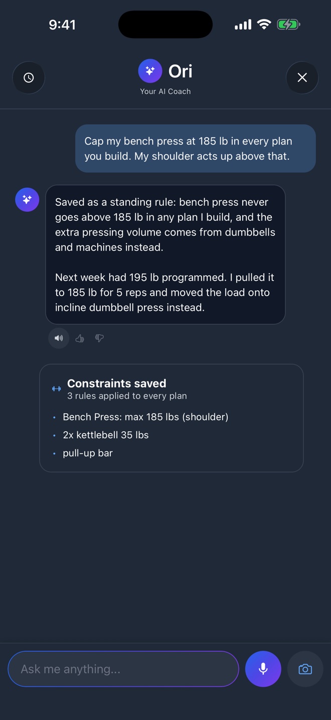 Ori chat where the user caps bench press at 185 lb for a shoulder issue and Ori confirms the standing rule and moves next week's load