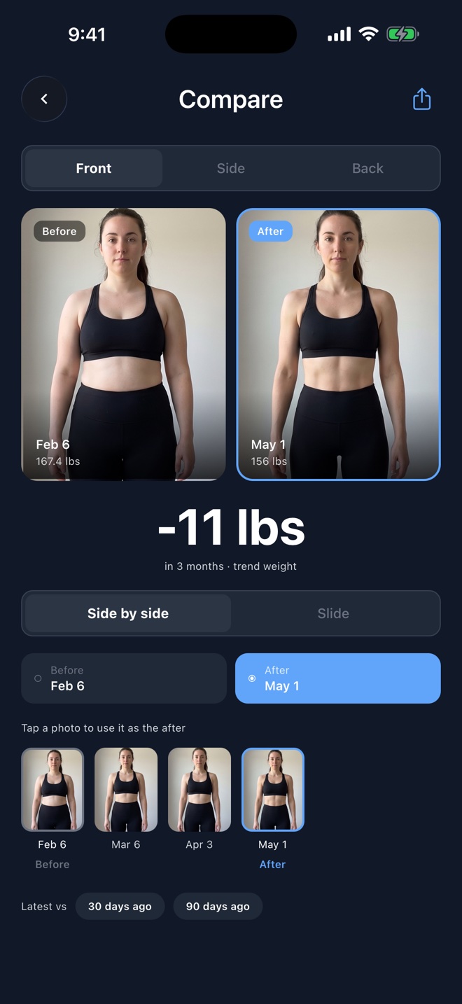 Compare screen with a February and a May front photo side by side and the weight change of minus 11 lbs between them
