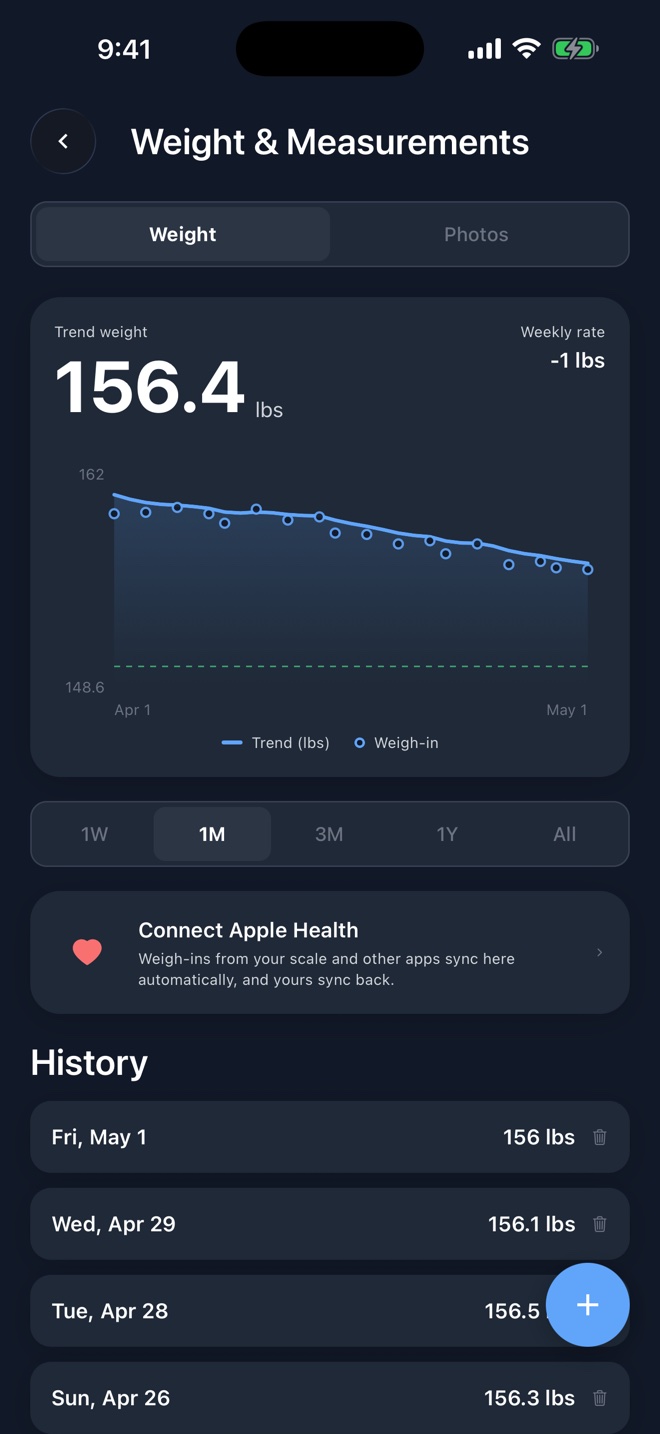Weight screen with a Connect Apple Health card below the chart