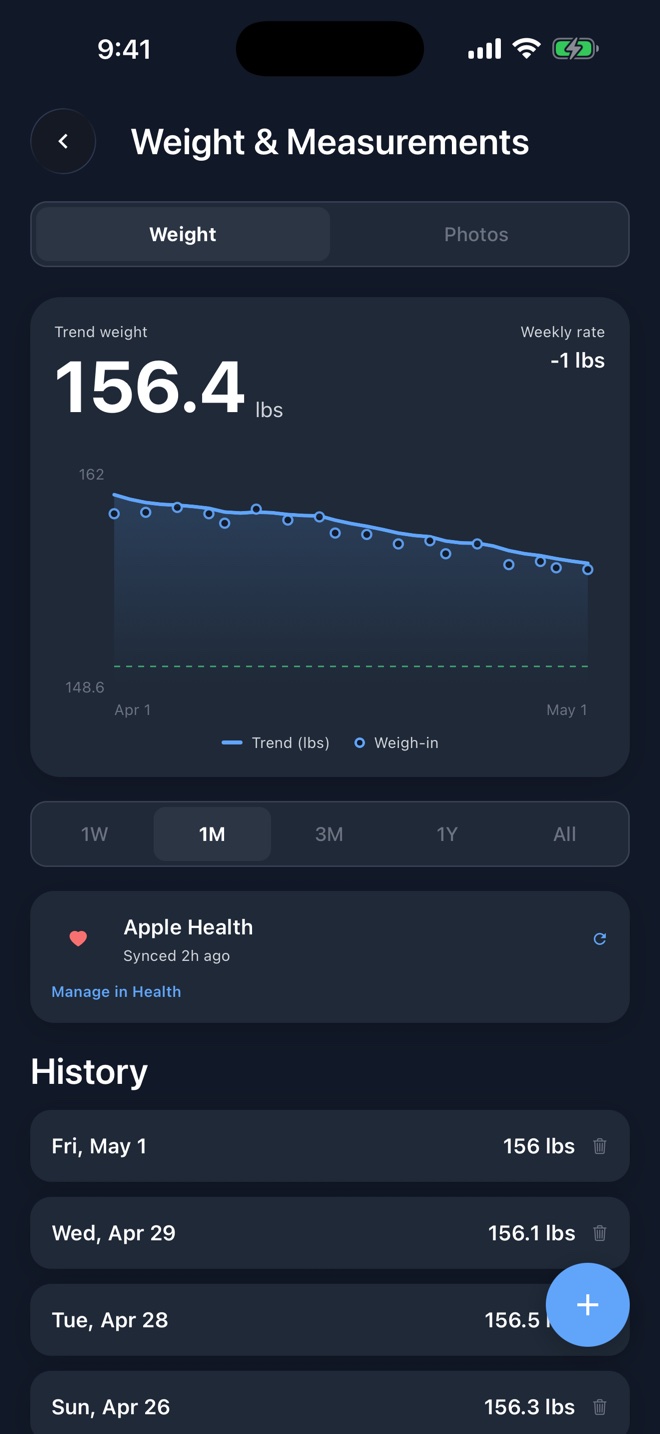 Apple Health card showing Synced 2h ago with a Manage in Health link