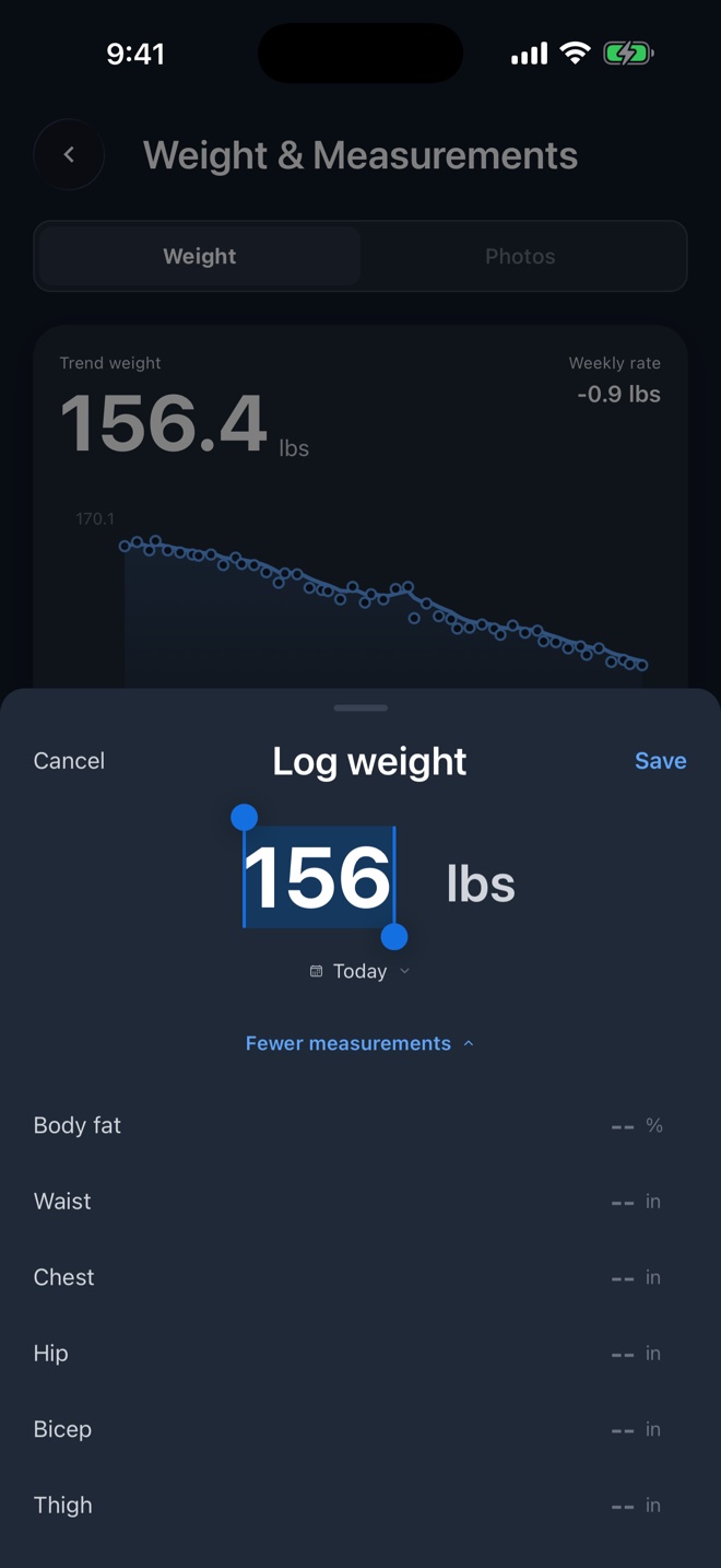 Log weight sheet expanded to show body fat, waist, chest, hip, bicep and thigh fields