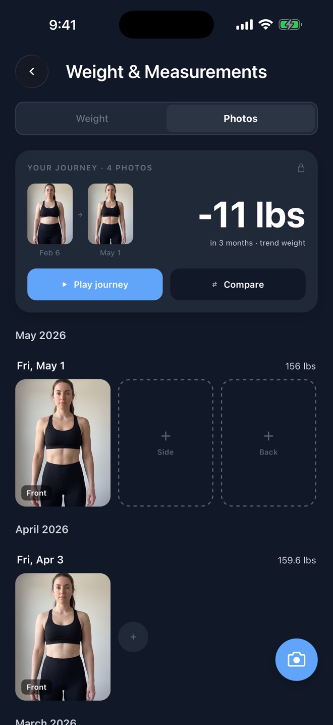 Photos tab with a journey card showing minus 11 lbs in 3 months and a diary of dated front, side and back photo slots